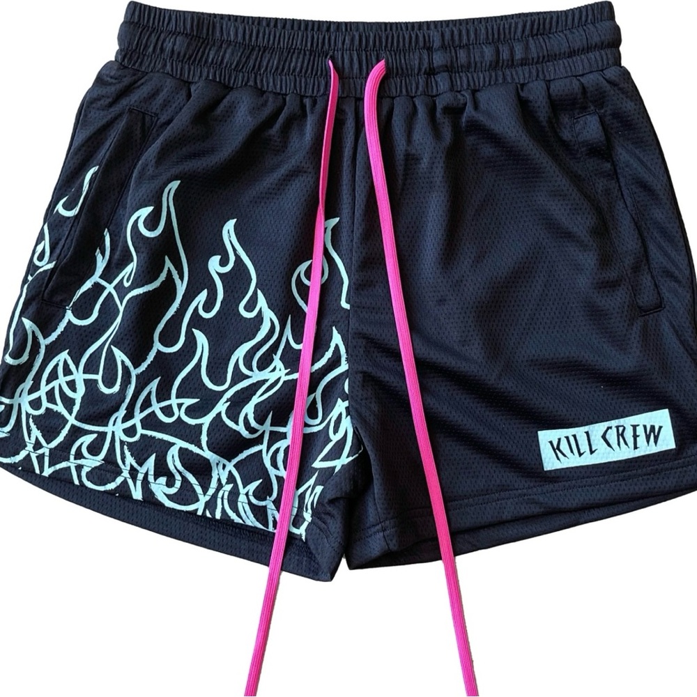 Kill Crew Black Shorts with Blue Flames and Pink Accents